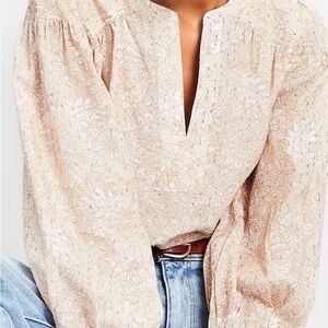 NWT LOFT Gold Metallic Floral Blouse Split-Neck Balloon Sleeve Round Hem